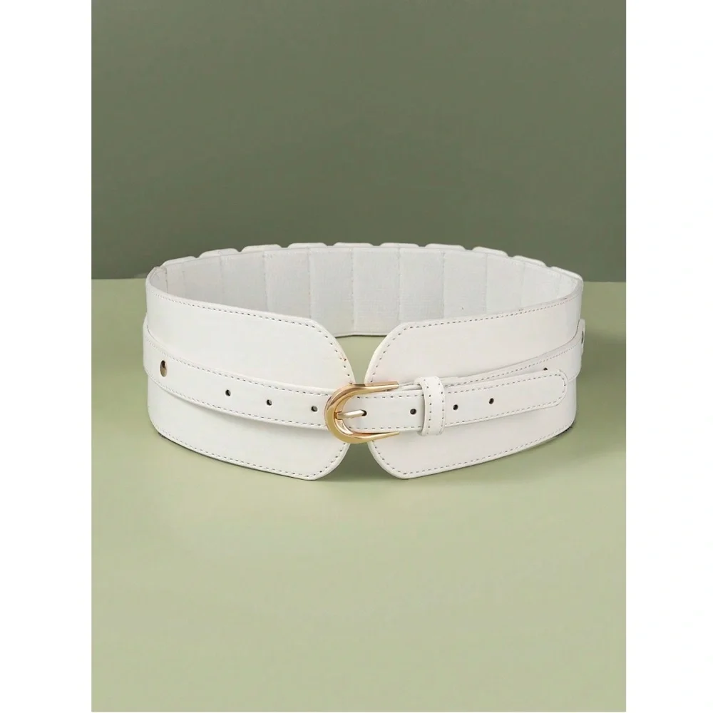 PU Wide White Belt Gold Tone Buckle - Picture 2 of 5